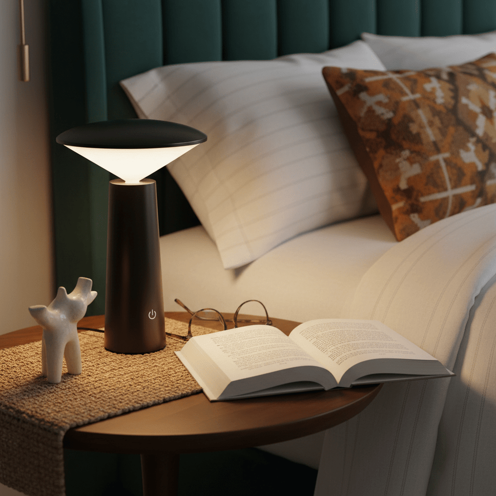 Rechargeable mini LED table lamp on a bedside table next to a book and glasses, creating a cozy reading atmosphere.