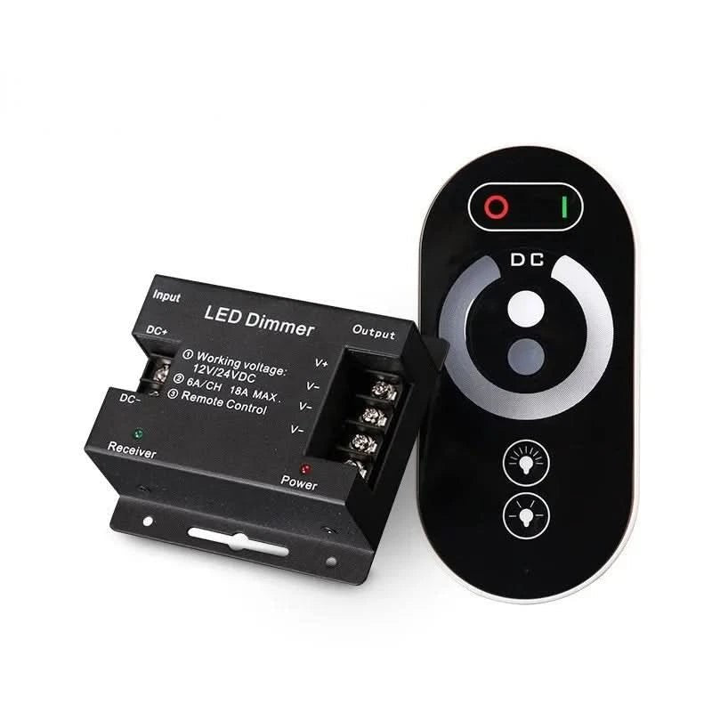 LED 12A CCT strip light dimmer with remote control, showcasing input/output connections and buttons.