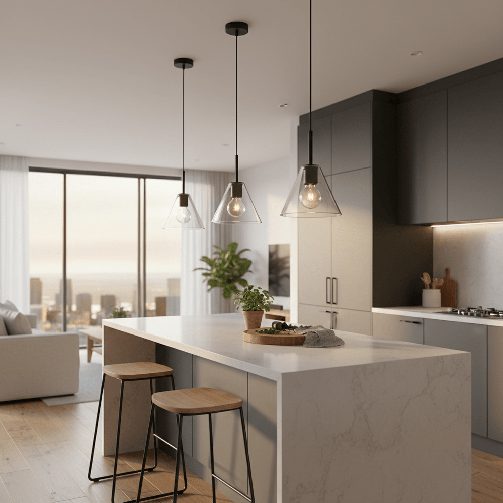 Three black funnel pendant lights hang over a modern kitchen island with a marble countertop and wooden stools.