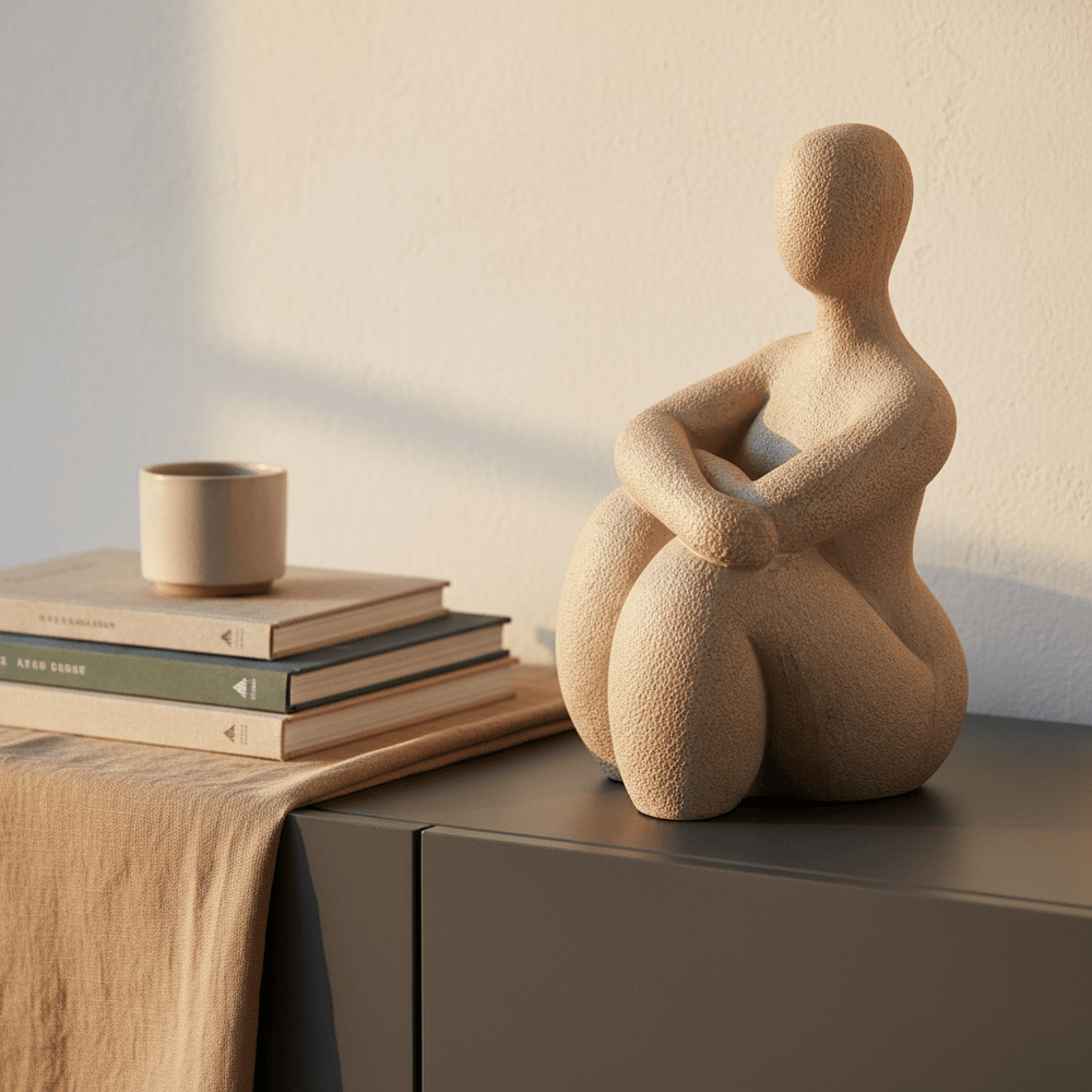 Handcrafted brown figurine of a resting lady on a shelf with books and a cup.