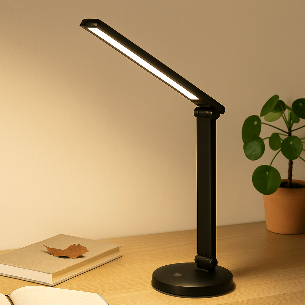 Black desk lamp with adjustable arm on a wooden table, next to an open notebook and a potted plant.