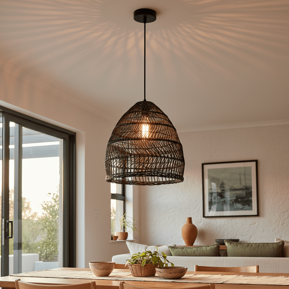 Black rattan pendant light hanging over a wooden dining table, casting warm shadows on the ceiling.