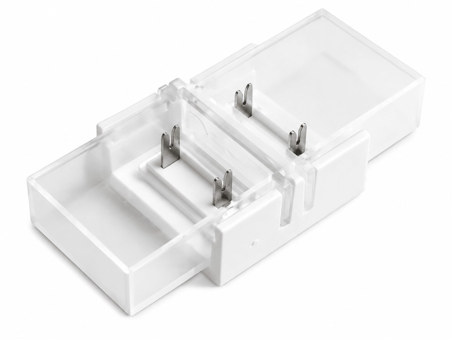 DYCE LED COB strip light connector with metal pins for secure strip connections.