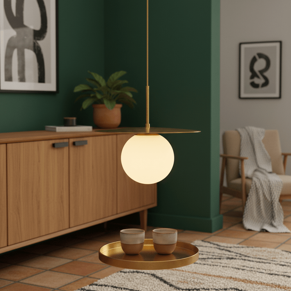 Catalina Single Gold Pendant Light hanging above a tray with cups in a stylish living space.