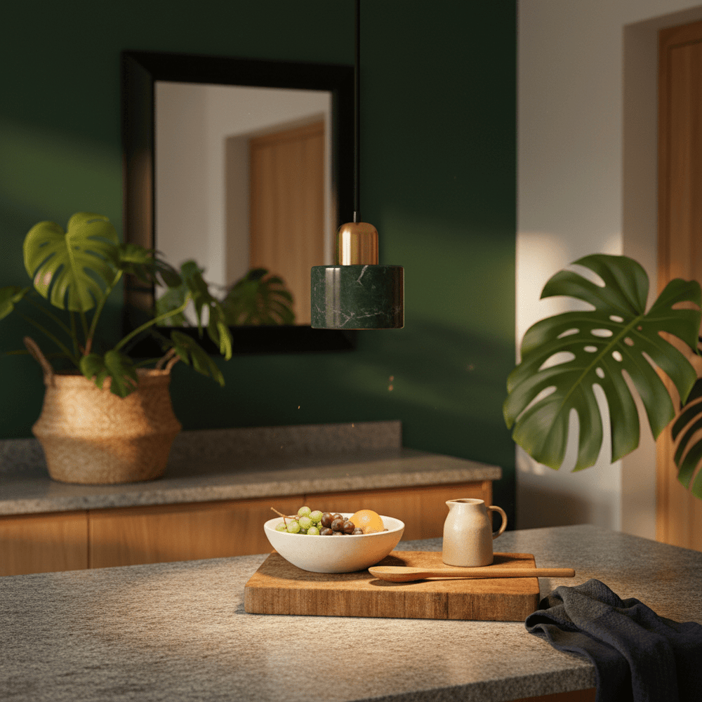 Cannon green and gold marble pendant light hanging above a kitchen countertop with fruit bowl and wooden utensils.