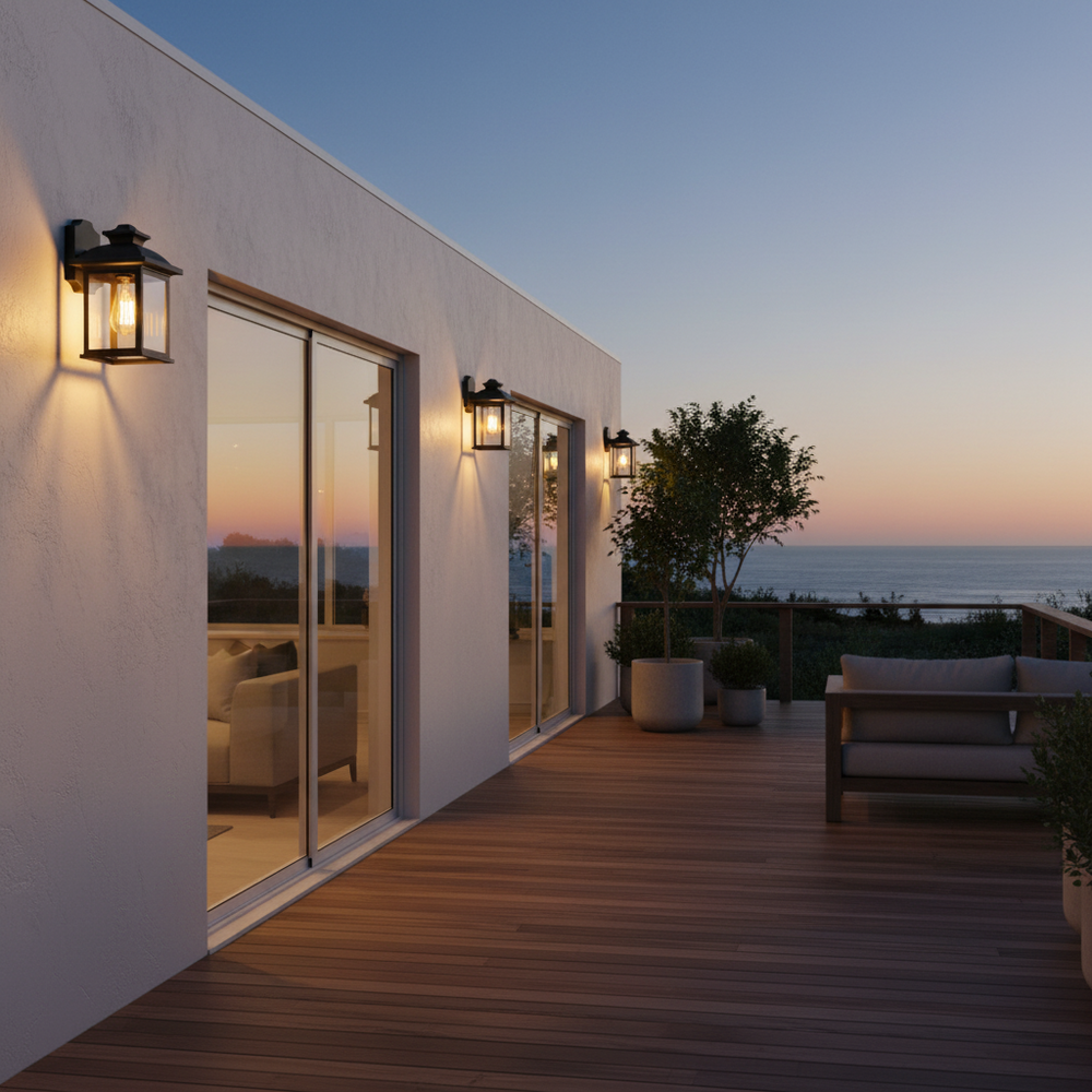 Outdoor wall lights illuminate a modern patio area at sunset, enhancing visibility and ambiance.