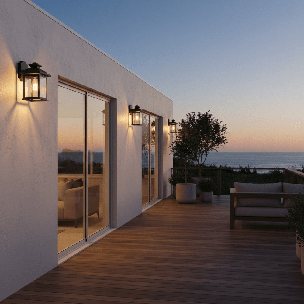 Outdoor wall lights illuminate a modern patio area at sunset, enhancing visibility and ambiance.