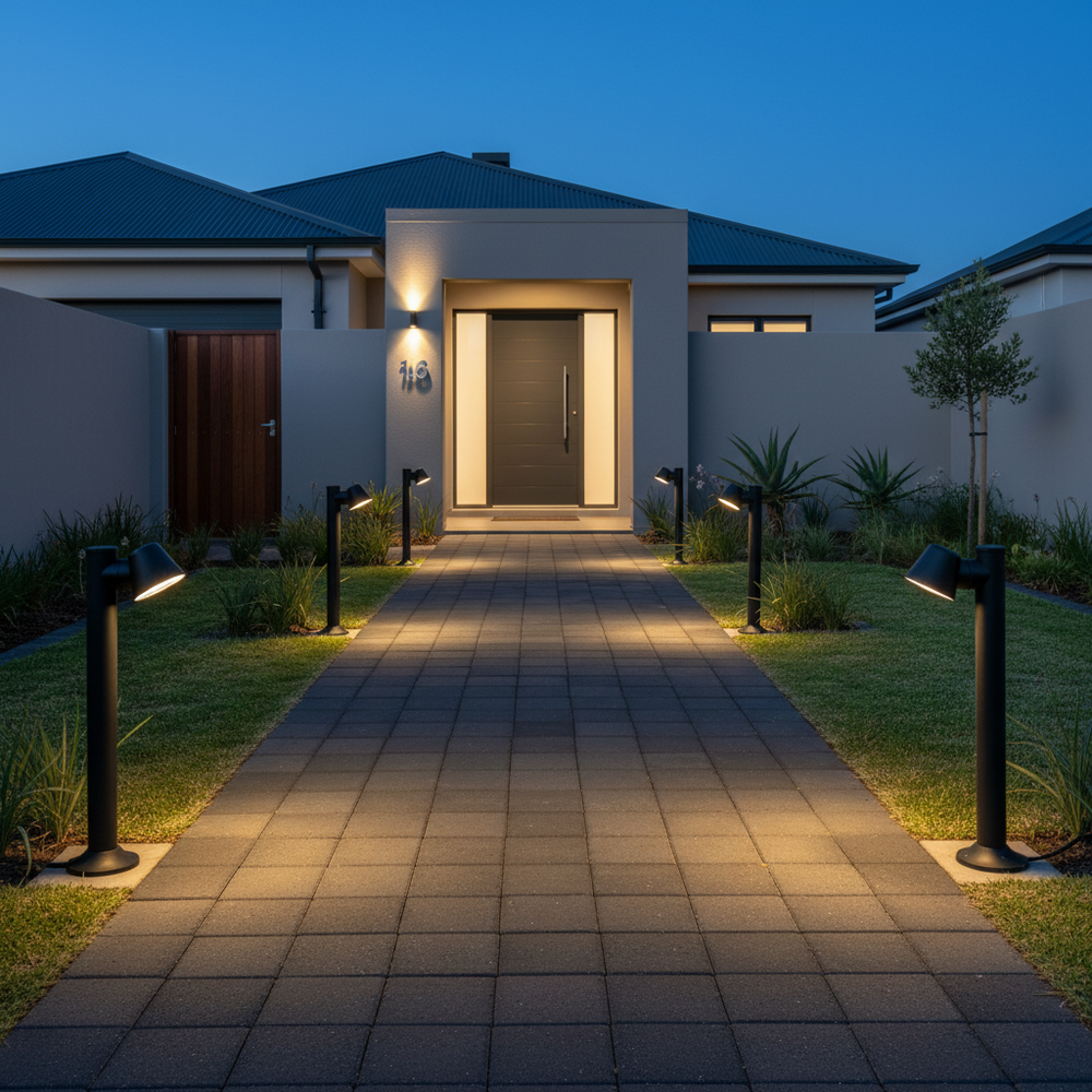 Coastal bollard lights illuminating a pathway leading to a modern home entrance at dusk.