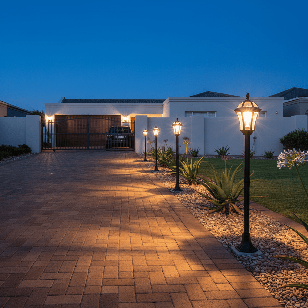 Coastal bollard lights illuminating a driveway with modern landscaping at dusk.