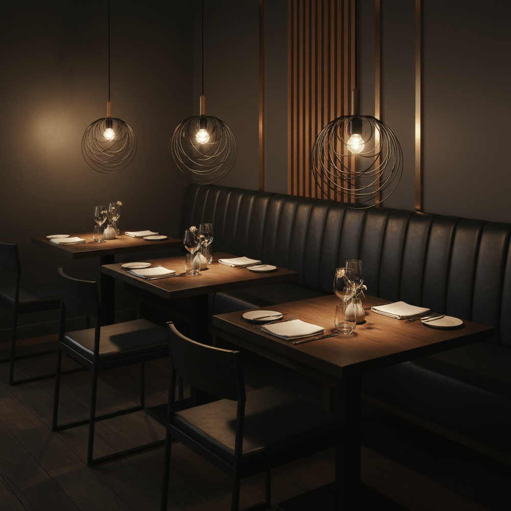 Stylish black pendant lights hang over wooden dining tables in a modern restaurant setting.