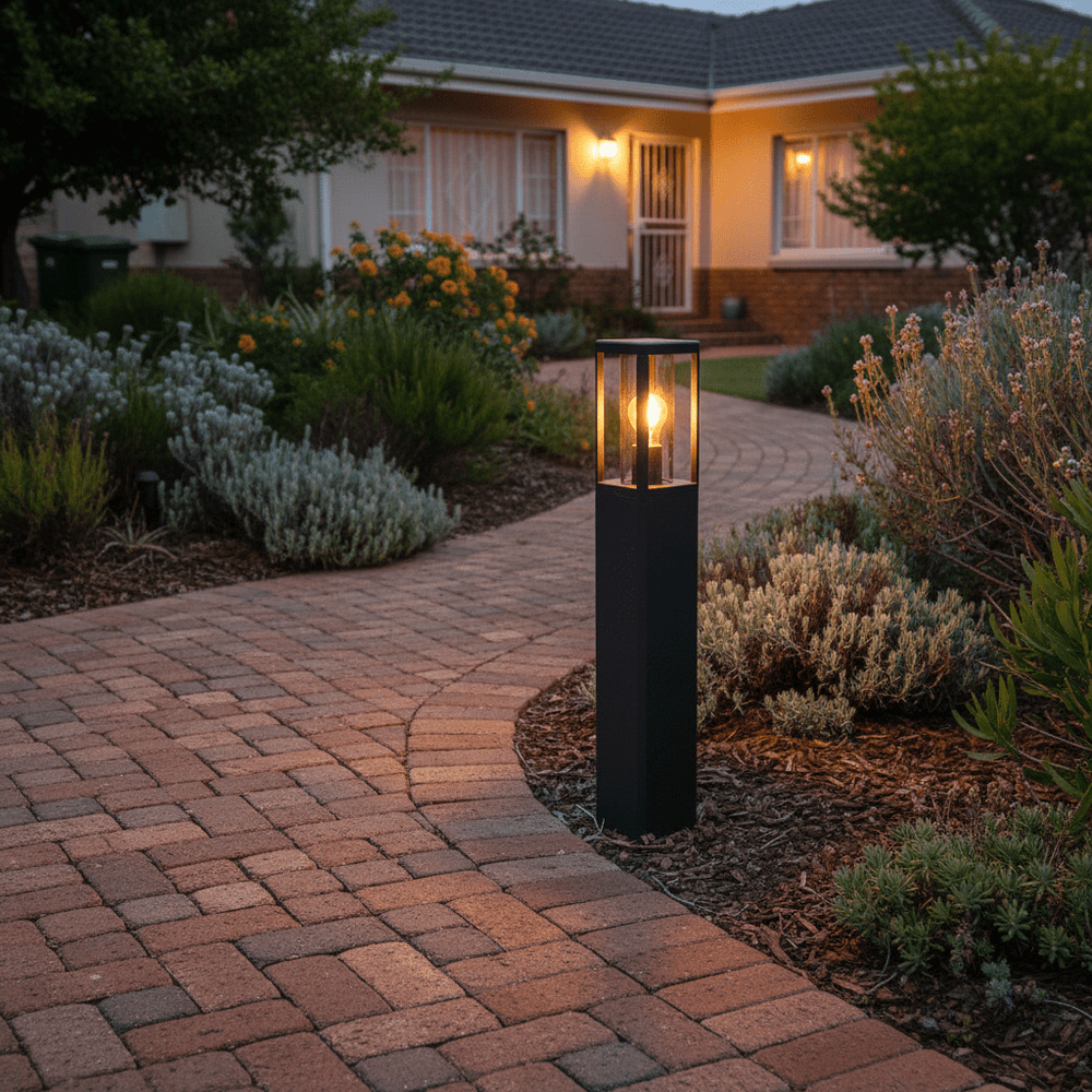 Bhok Ali Square Outdoor Bollard in a garden setting, illuminating a brick pathway surrounded by lush greenery.