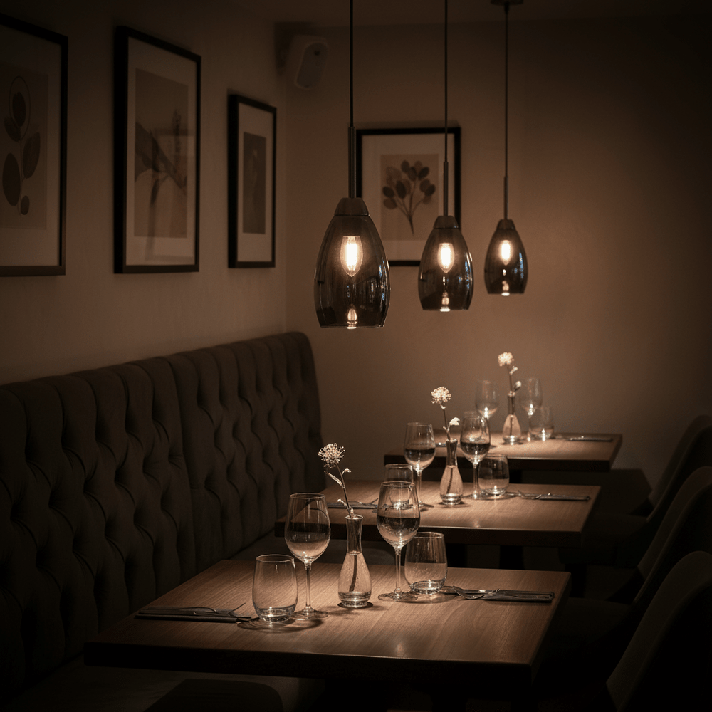 Three gun metal and smoke glass pendant lights illuminate a stylish dining area with elegant table settings.
