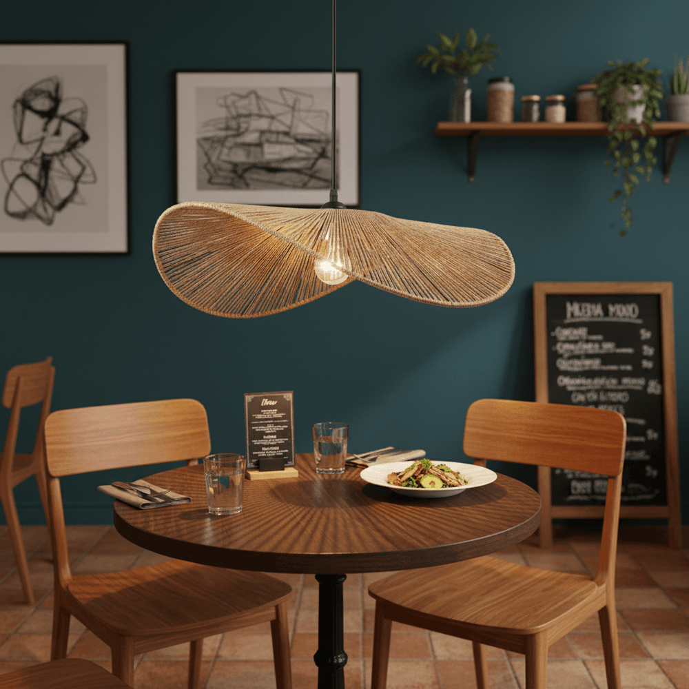 Aporia Natural Rattan Pendant light hanging above a wooden dining table with plates and drinks.