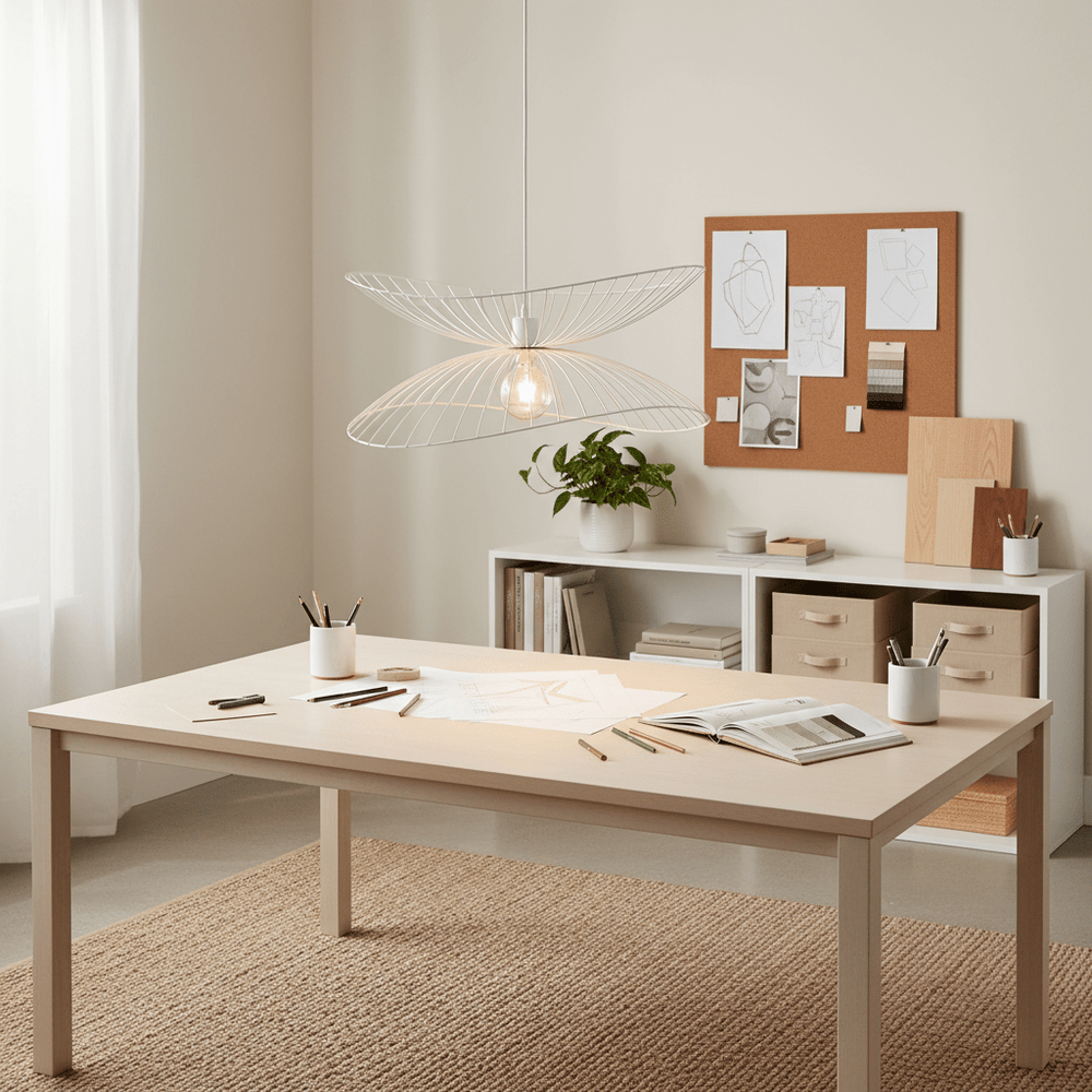 Stylish Sensu Twin White Pendant Light hanging above a modern workspace with a light wood table and plants.