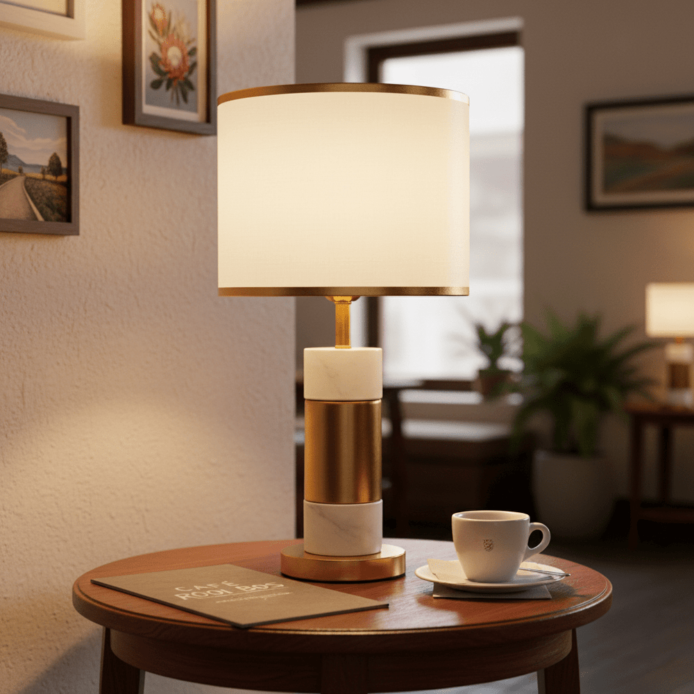 Dawn White & Gold Table Lamp on a wooden bedside table with a coffee cup and magazine, in a cozy room setting.