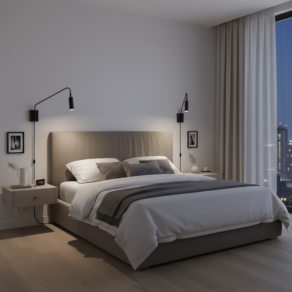 Stylish bedroom featuring two corded LED reading lights mounted on the wall beside a bed.