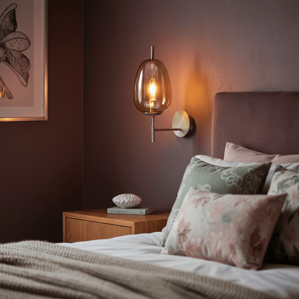 Dazzle Gold & Amber Indoor Wall Light mounted beside a bed, illuminating a cozy bedroom with decorative pillows and a