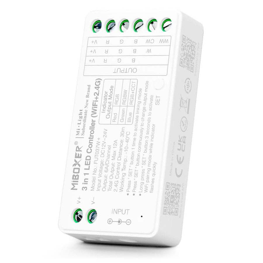 24V RGB & CCT LED Striplight Controller with input/output connections and settings on top.