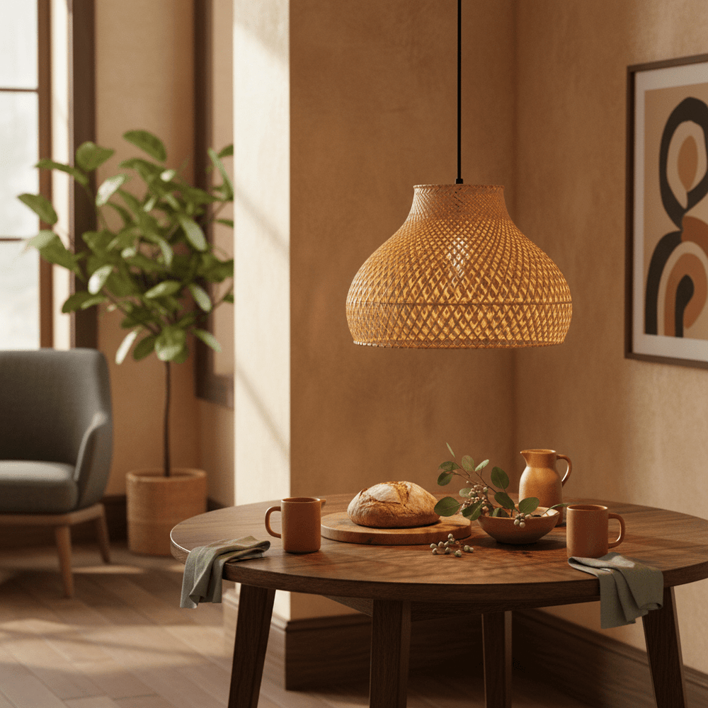 Cone Rattan Bamboo Pendant light hanging above a wooden dining table set with pottery and a loaf of bread.