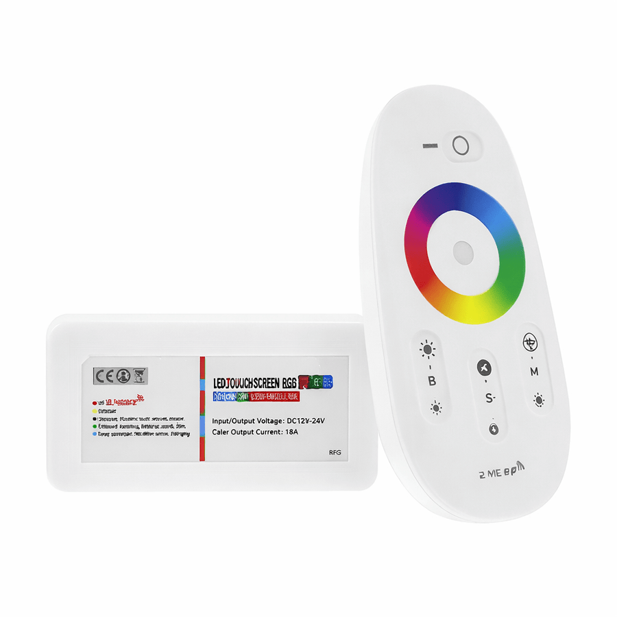 RGBW RF controller with remote for LED strip lights, featuring touch controls and color wheel.