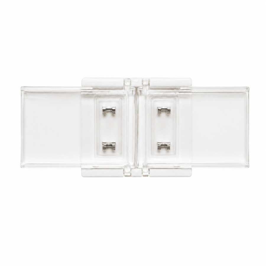 Clear straight connector for 10mm IP65 COB strip lights, designed for seamless lighting joins.