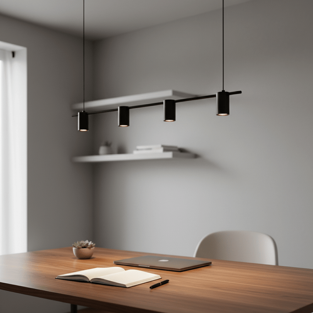 Four-light linear pendant in black above a wooden desk with an open notebook and laptop.