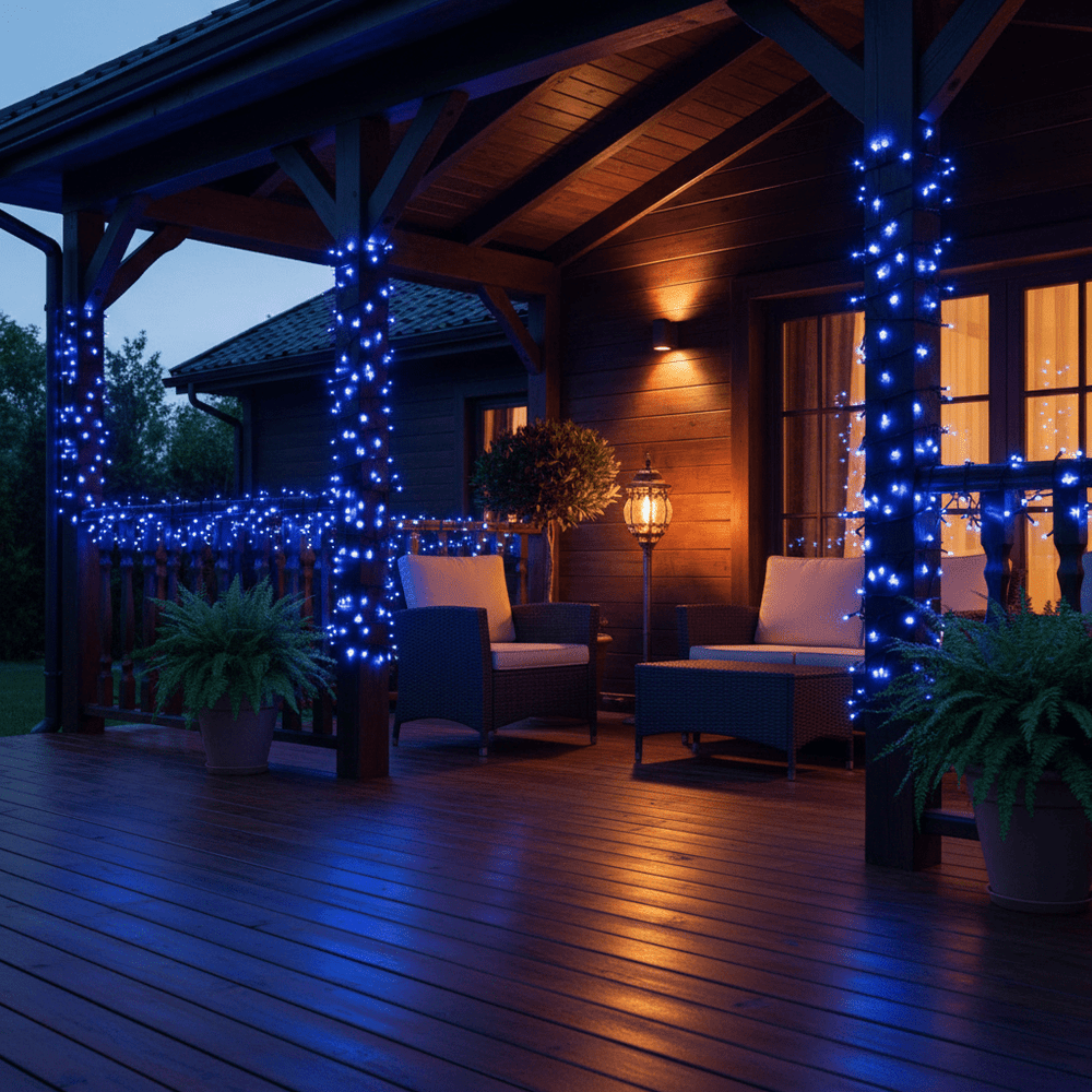 Blue LED fairy lights draped on a wooden porch, illuminating seating area and surrounding plants.
