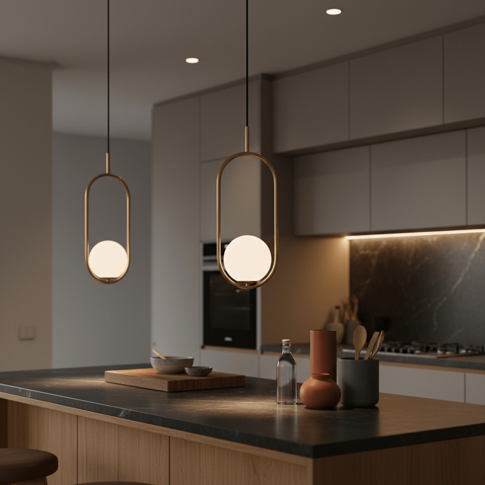Two Luna Short G9 Pendant Lights in gold hang over a kitchen island, illuminating a modern space.