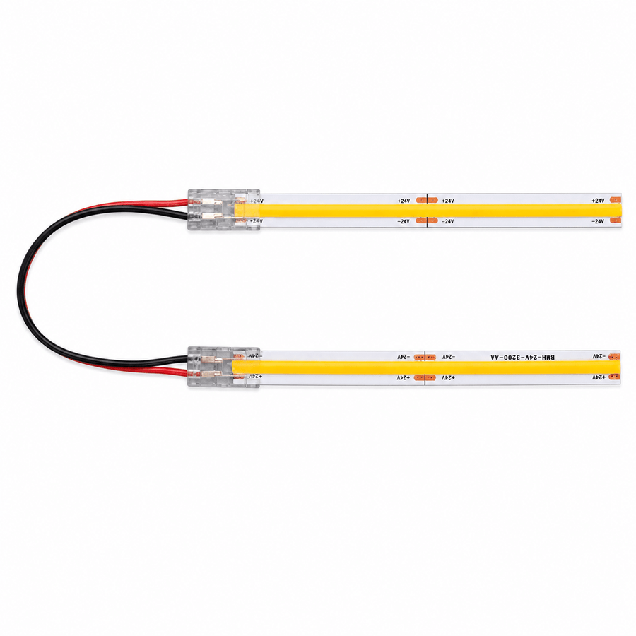 Fast 2-way connector with 10cm cable for 8mm LED strip, featuring clear connectors and flexible wiring.