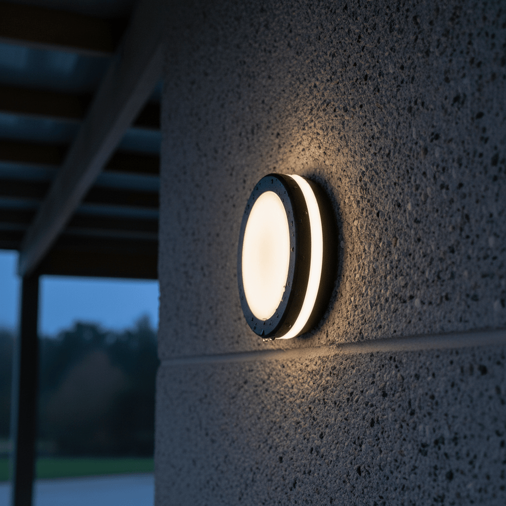 Close-up of a round black LED bulkhead light mounted on a textured wall, emitting a warm glow.