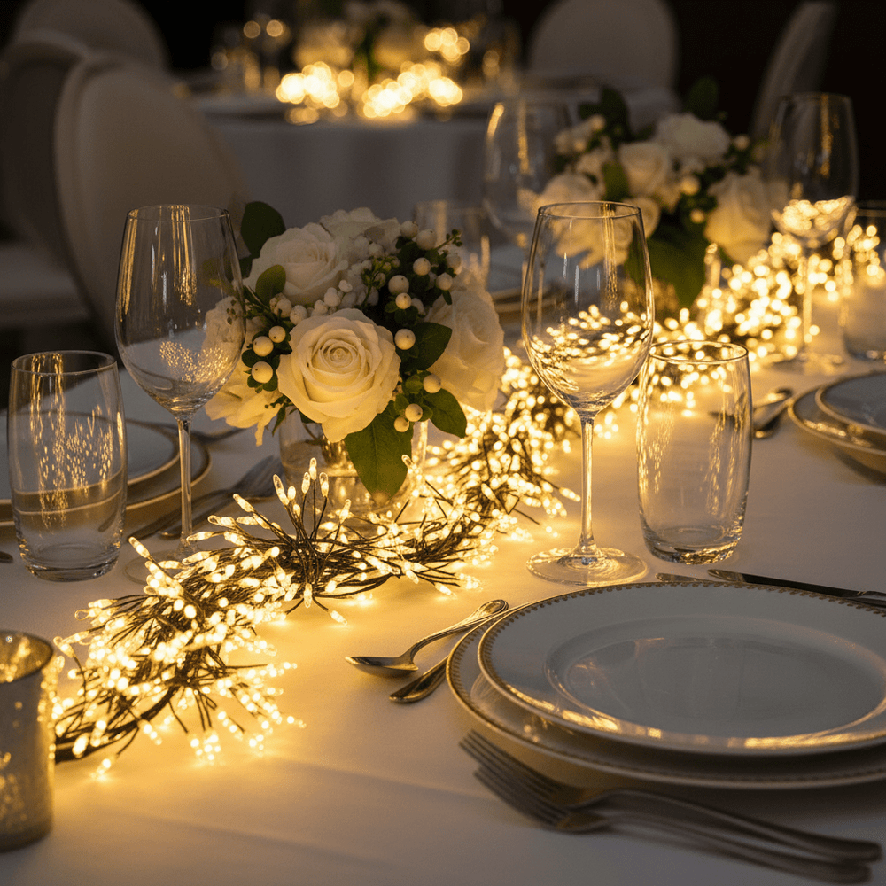 Copper wire fairy lights elegantly draped across a dining table with white roses and glassware.