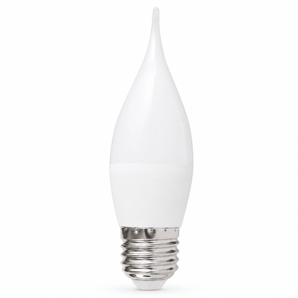 5W Cool White LED flame bulb with a slender decorative shape and E27 base.