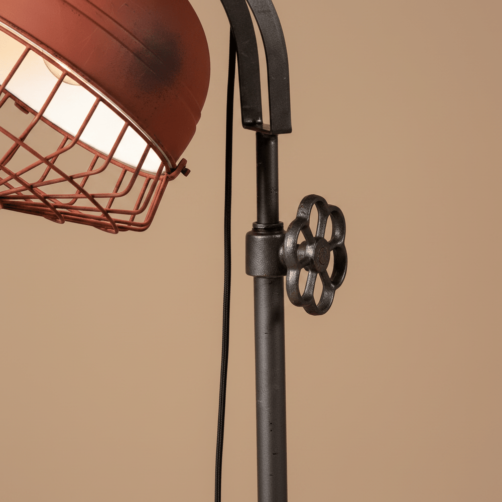 Close-up of the Rustic Urban Forge Floor Lamp showcasing the rustic red shade and industrial wire detail.