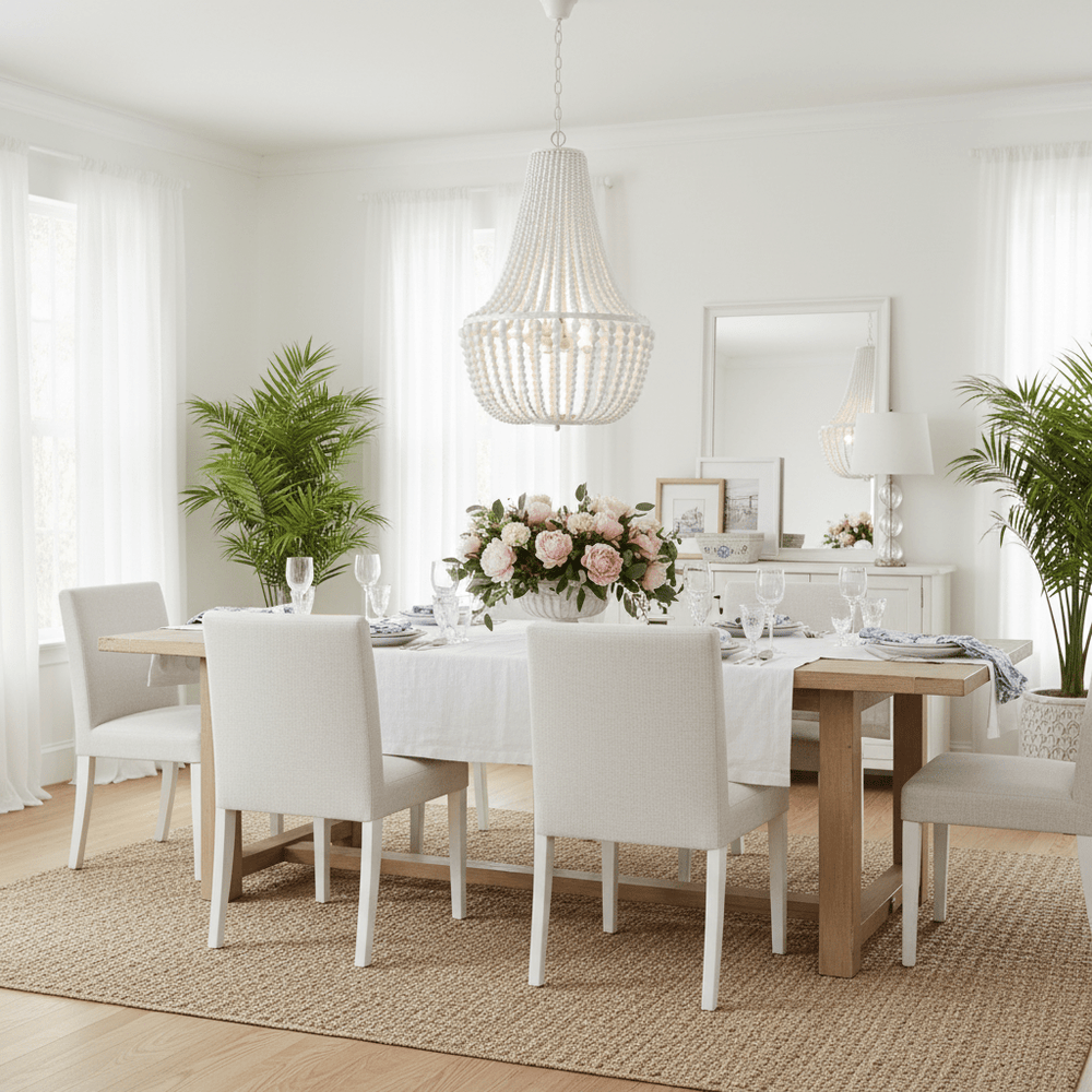 White beaded chandelier hanging above a dining table set with flowers and tableware in a bright room.