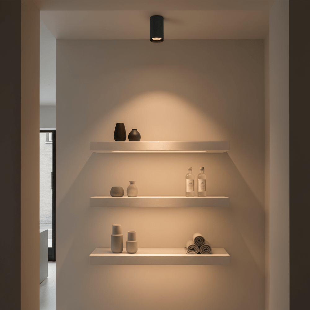 Surface-mounted GU10 downlight illuminating a minimalist shelf display with decorative items.