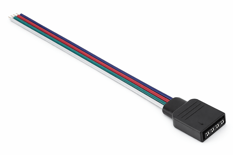 4-pin RGB LED strip connector with colored wires for easy indoor lighting connections.
