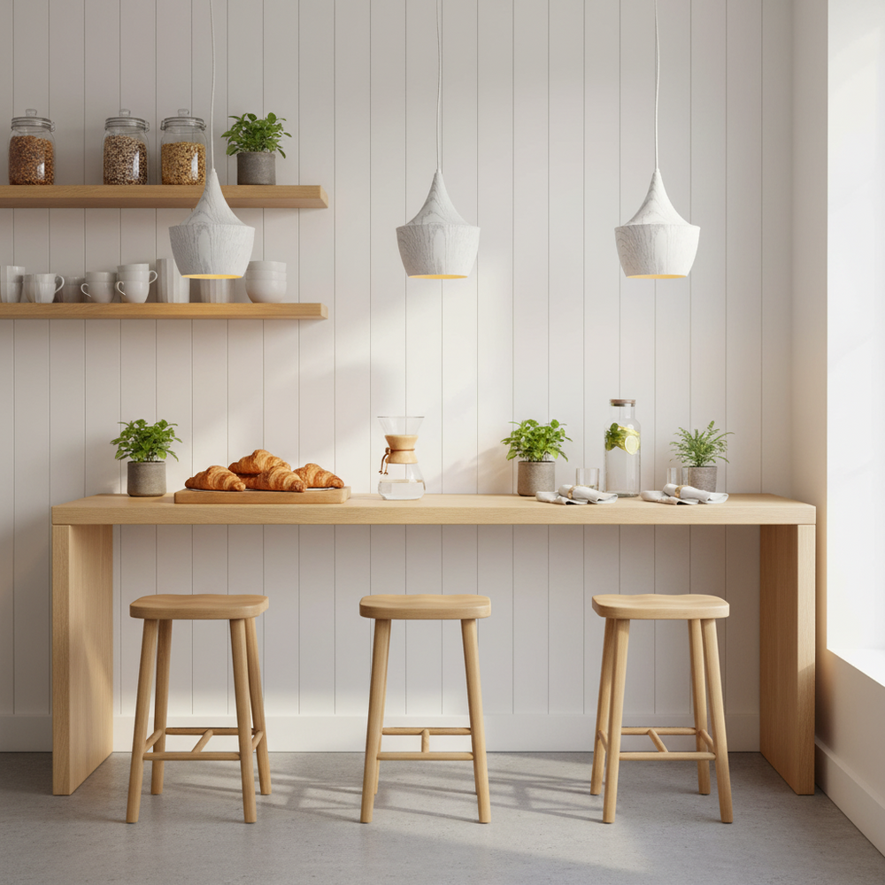 Two Ziggy White Wood Grain Pendant Lights hanging over a wooden table with croissants and plants.