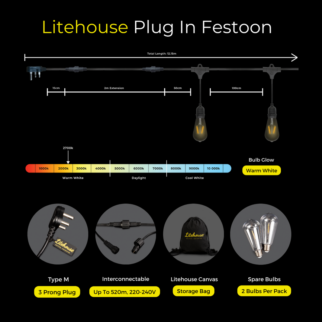 Litehouse LED Festoon Vintage Outdoor Bulb String Lights - Future Light - LED Lights South Africa