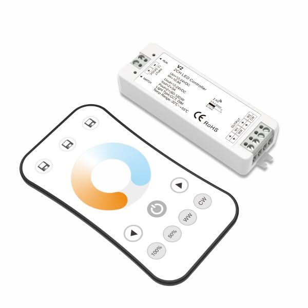 LED strip light dual colour controller with remote, featuring buttons for brightness and colour adjustment.