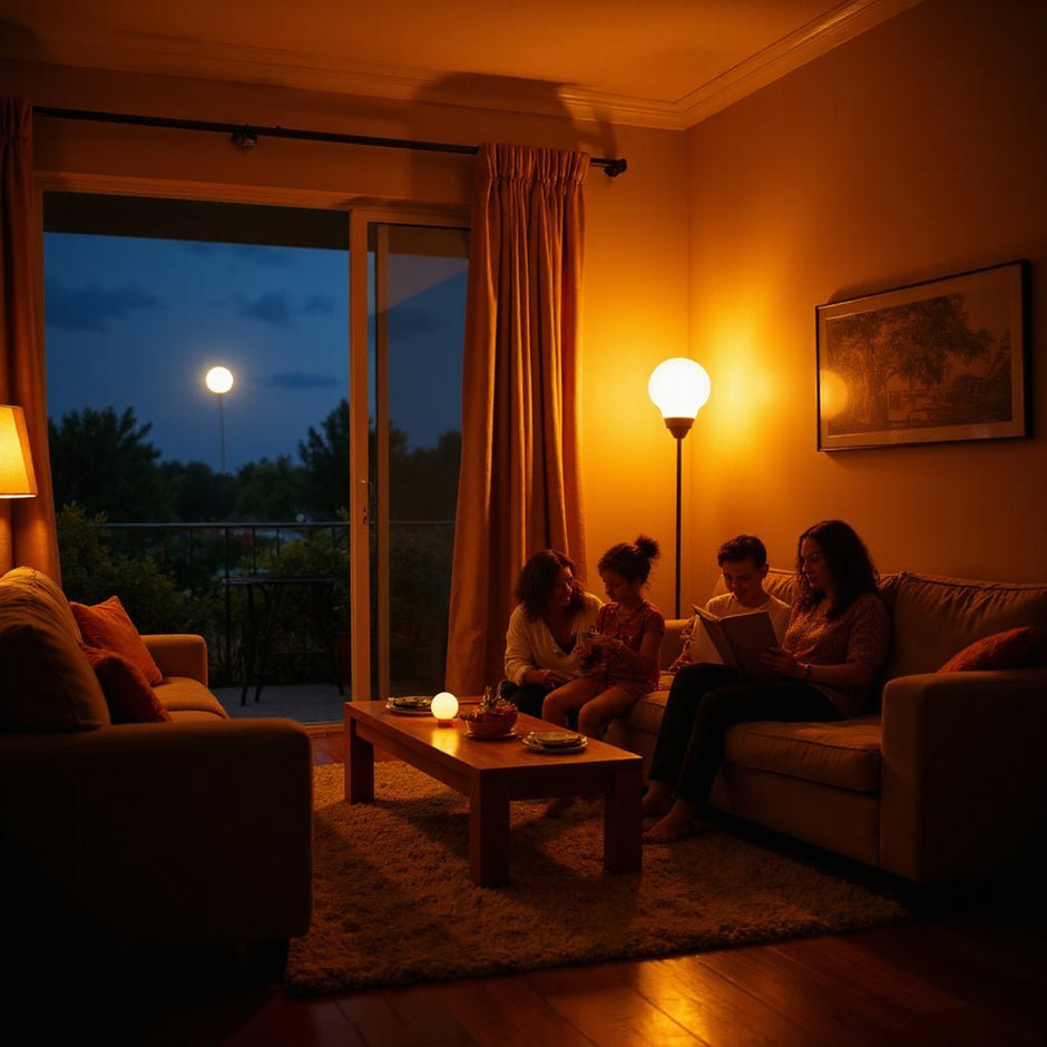 Warm living room lit by a backup lamp during load shedding