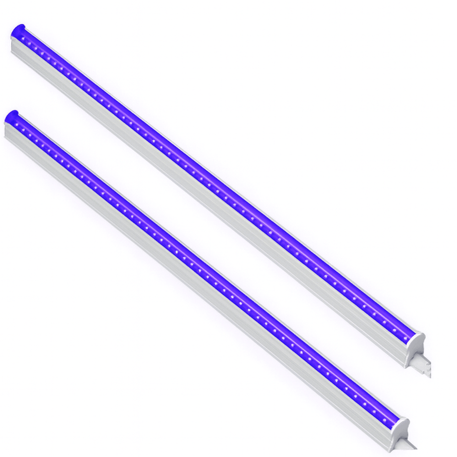 T5 LED under-counter fittings emitting UV-A light at 395nm, white linear fittings with purple LED strips on a white background