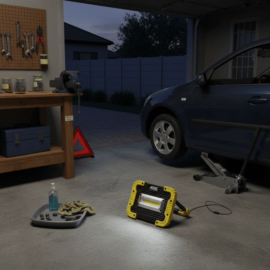 Rechargeable LED work light illuminating a patio setting with a grill and table