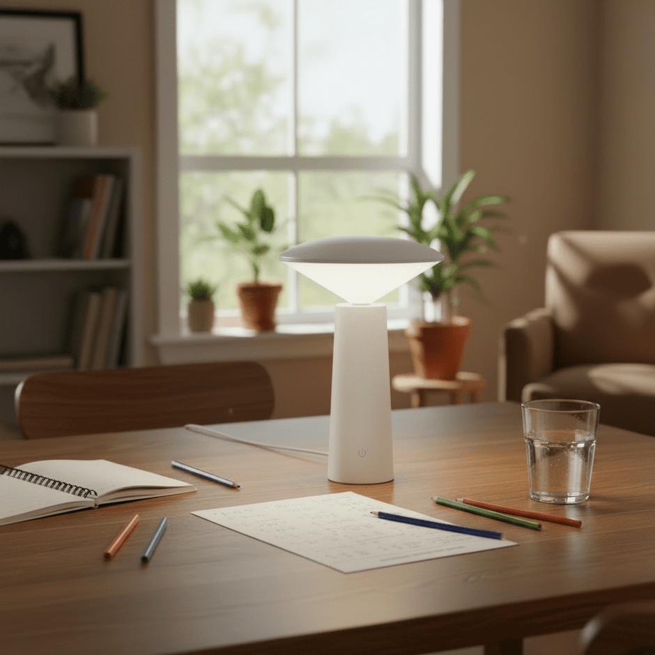 Rechargeable LED table lamp illuminating a study area with notebooks and coloured pencils