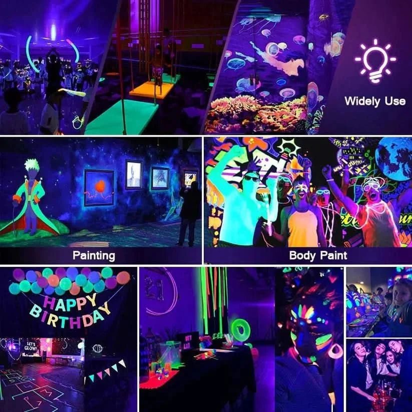 Collage showcasing various uses of a UVA black light: body paint, neon art, and birthday decorations.