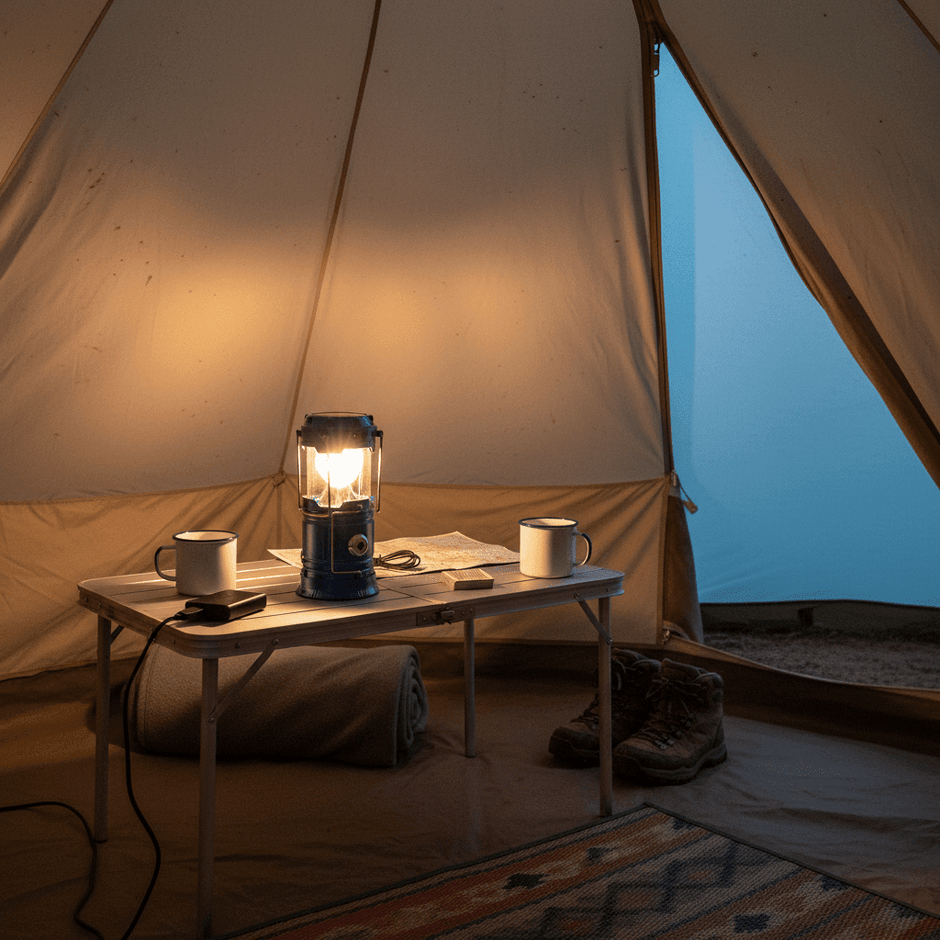 Compact solar lantern inside a tent for South African camping
