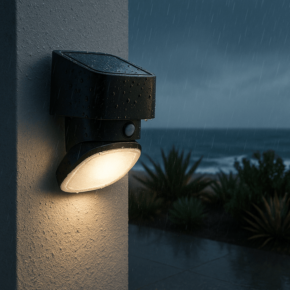 Black solar outdoor wall light with motion sensor mounted beside a wall