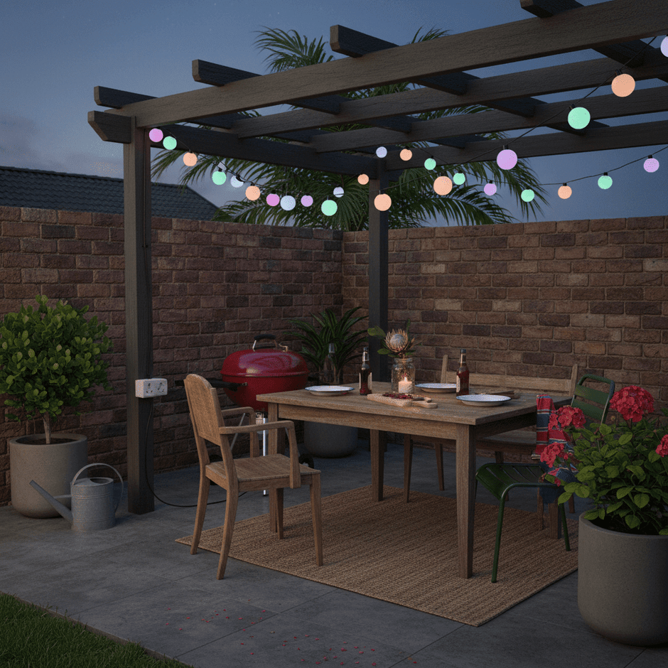 Colourful globe string lights above an outdoor dining table for a summer garden party