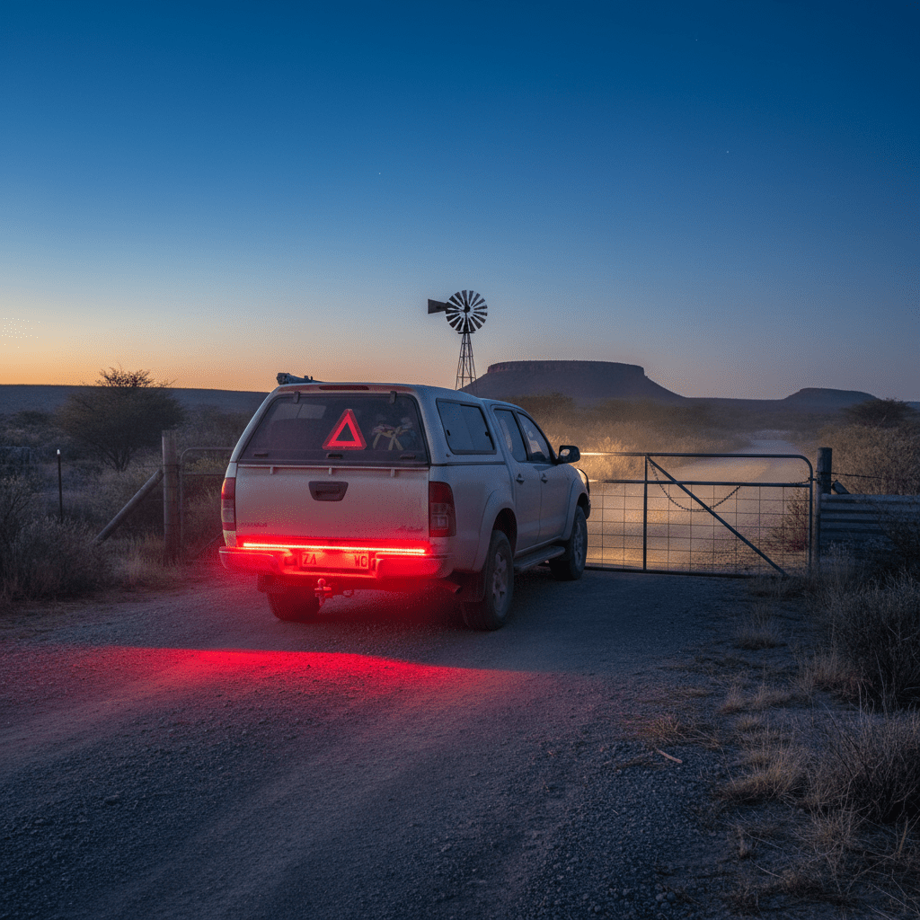 LED tail light strip illuminating the rear of a vehicle at dusk
