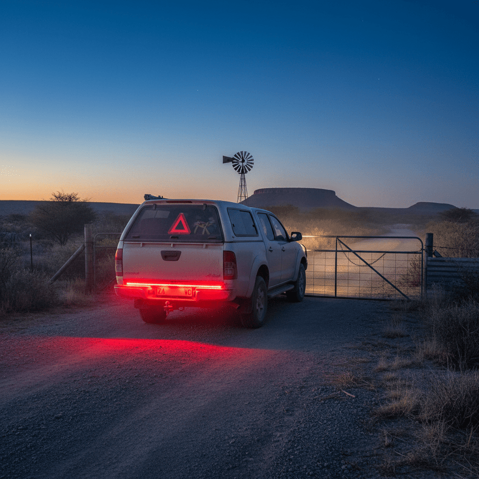 LED tail light strip illuminating the rear of a vehicle at dusk