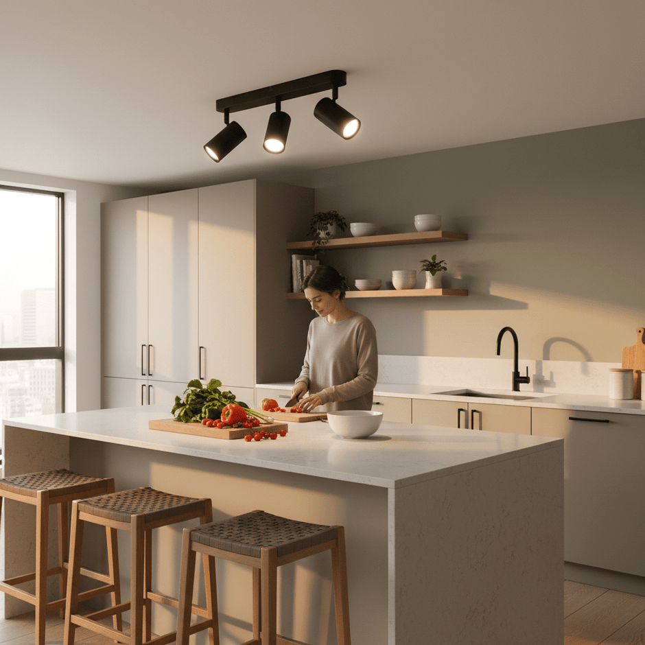 Three-light matt black ceiling spotlight illuminating a modern kitchen island